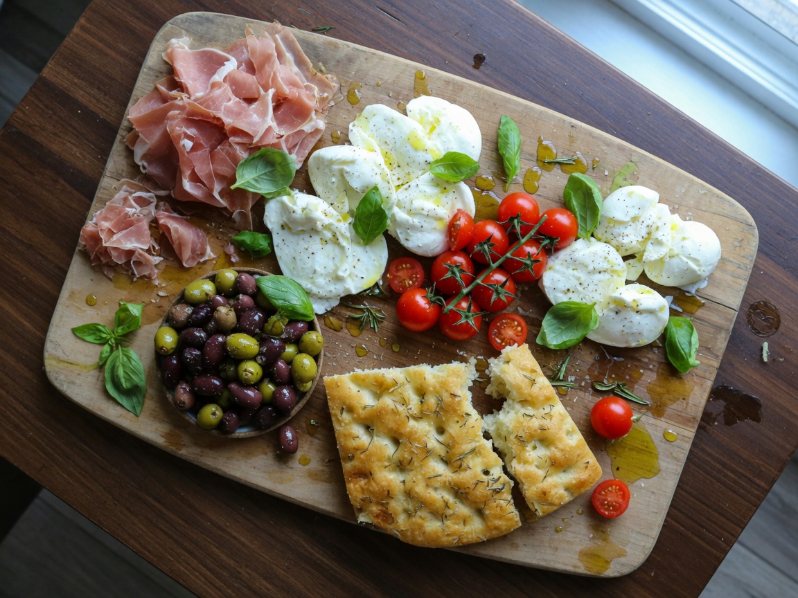 Italian antipasti board with prosciutto, mozzarella, and focaccia