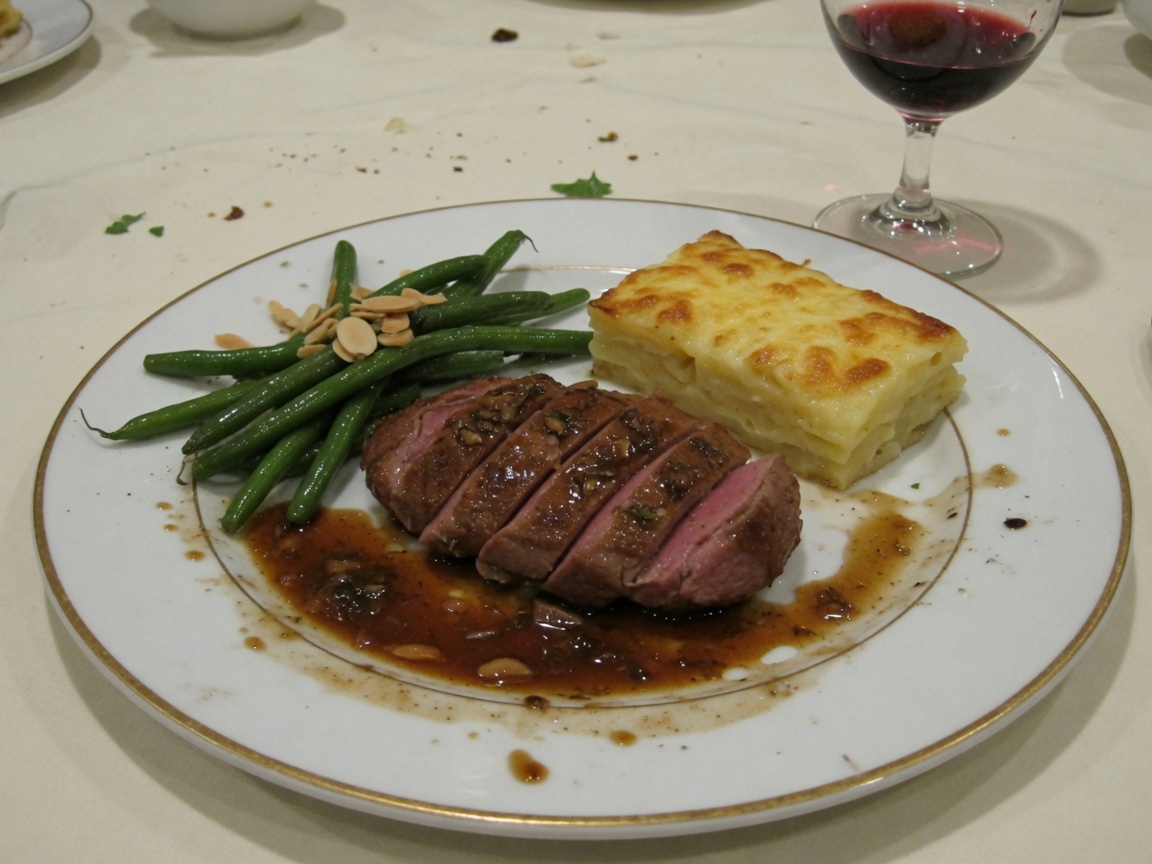 Plated sliced roast with potato gratin and green beans