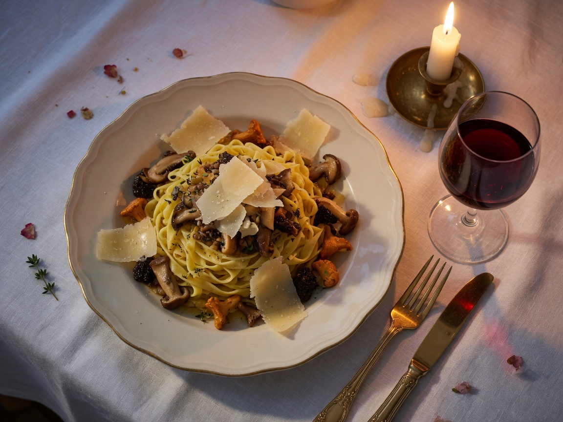 Italian tagliatelle with mushrooms and parmesan