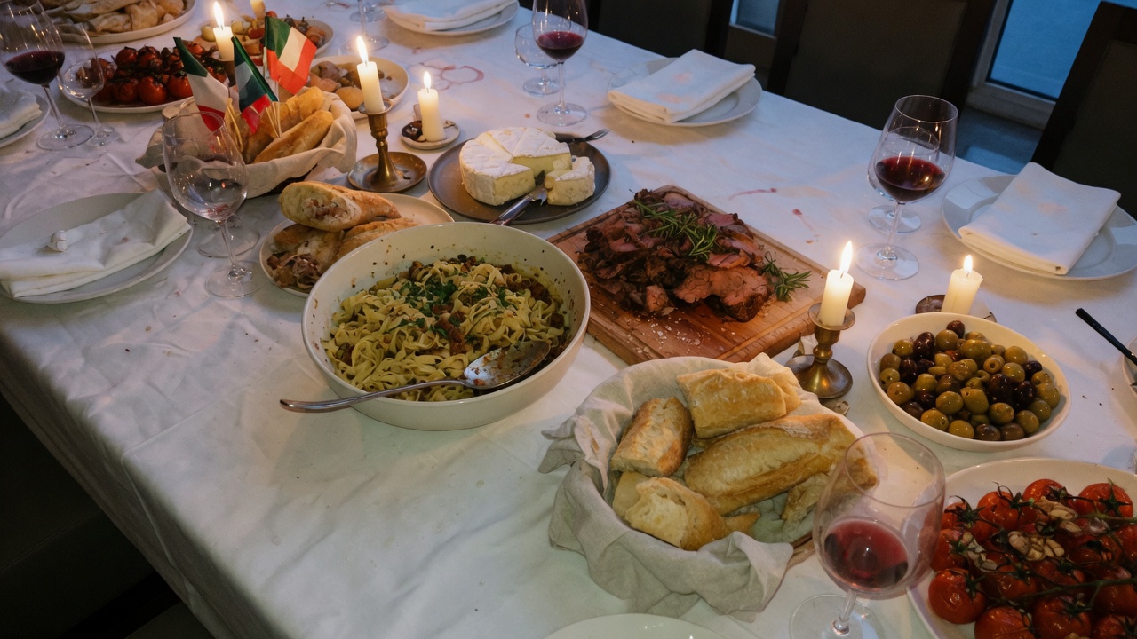 Italian and French banquet table from Spice n Slice Catering — pasta, roast, bread, cheese, and wine