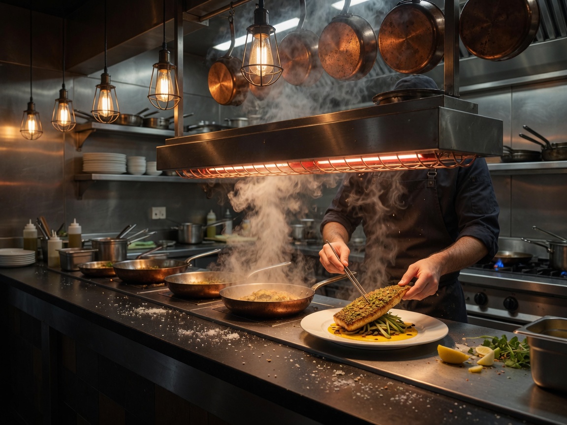 The pass at Spice n Slice Catering — plating a dish