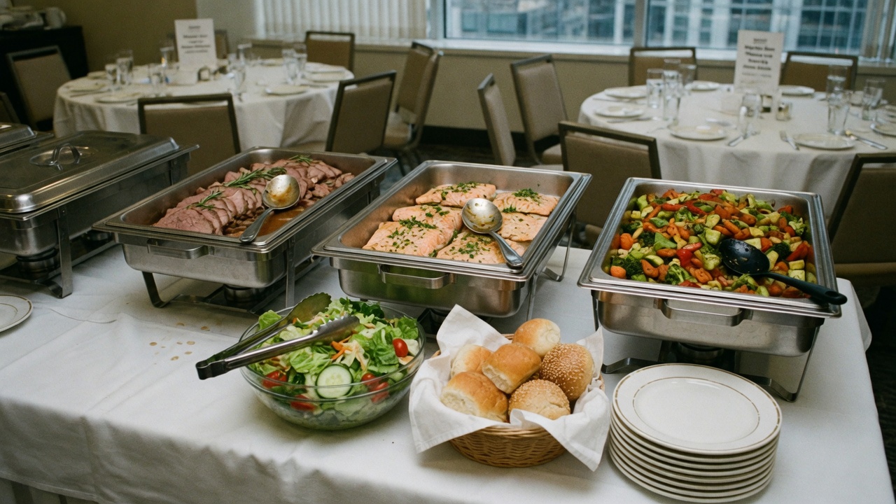 Corporate lunch buffet — roast, salmon, vegetables