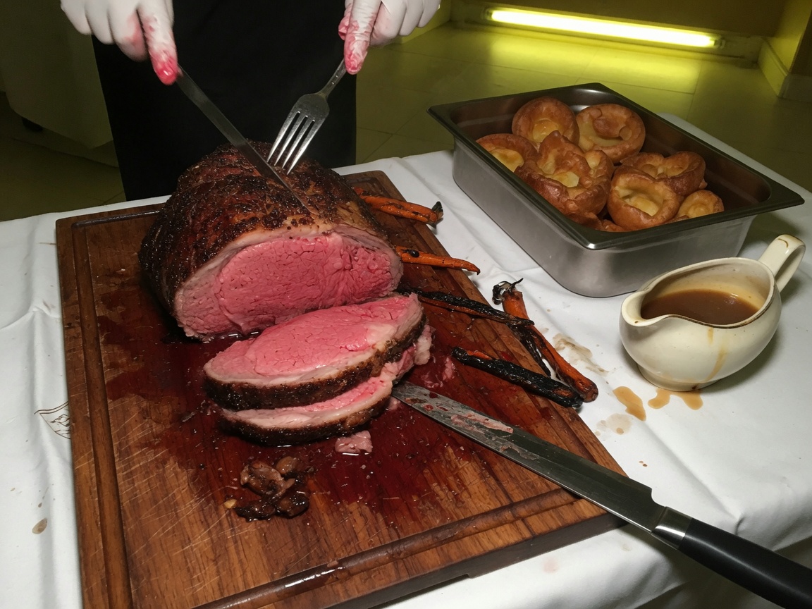 Prime rib carving with Yorkshire pudding and gravy