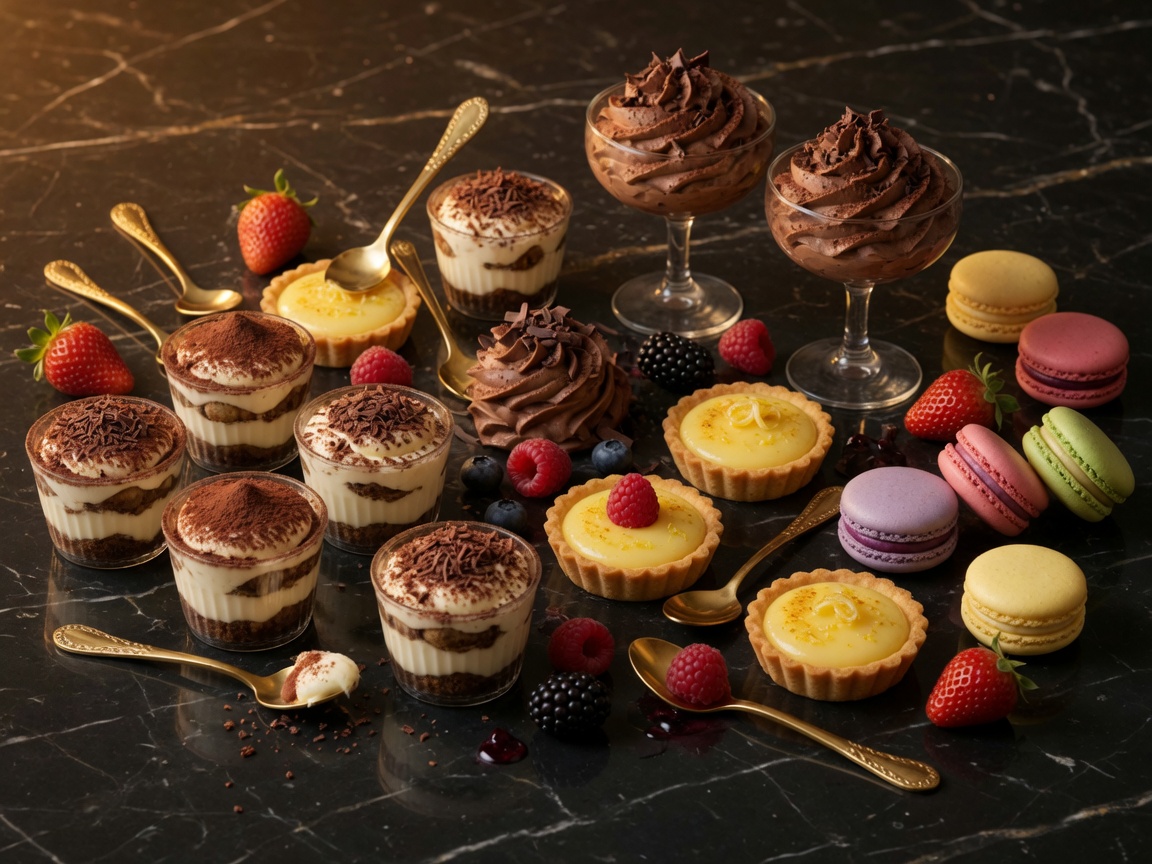 Tiramisu cups, lemon tarts, chocolate mousse, and macarons