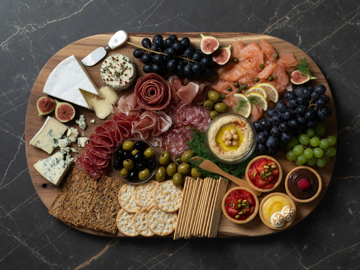 Italian and French grazing board with cheese, charcuterie, and tarts