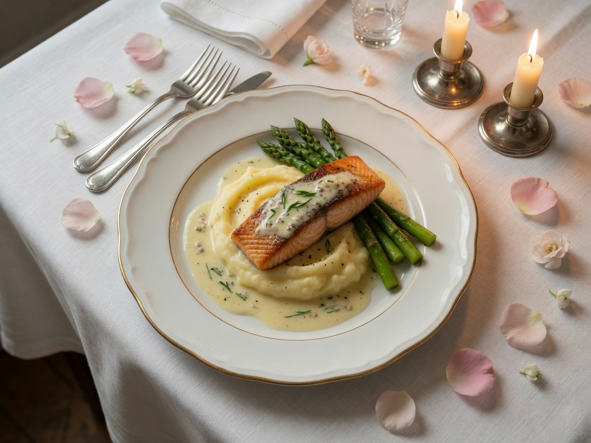 Plated salmon with mashed potato, asparagus, and cream sauce